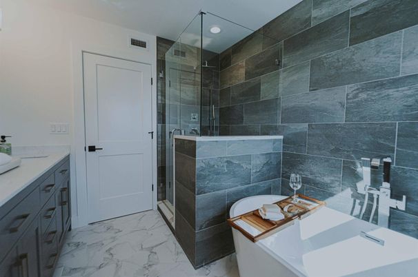 Bathroom, Dual Sink Vanities, Glass Shower, Interior, Marble, Recessed Lighting
