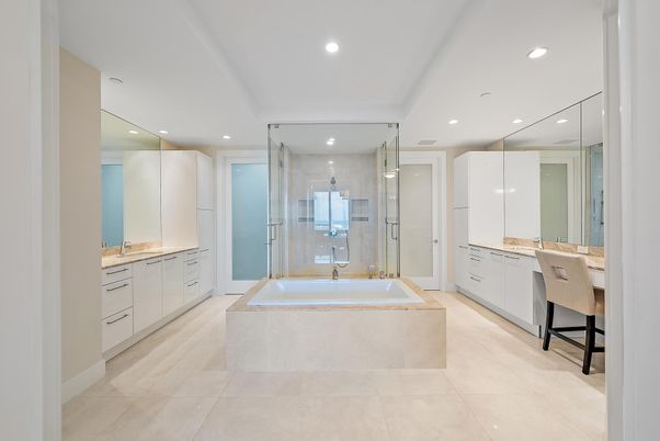Bathroom, Dual Sink Vanities, Glass Shower, Interior, Recessed Lighting