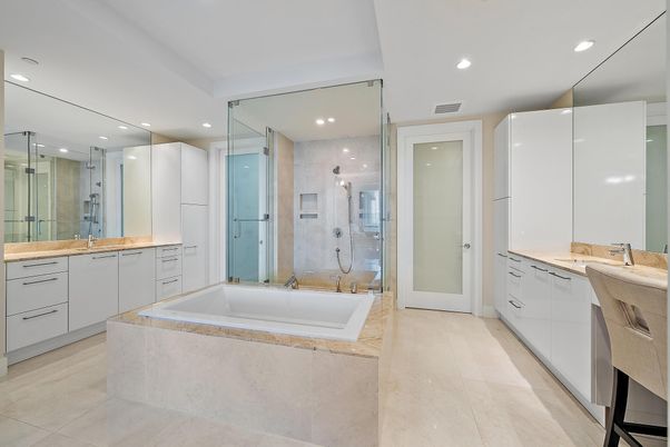 Bathroom, Dual Sink Vanities, Glass Shower, Interior, Recessed Lighting