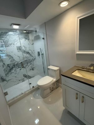 Bathroom, Glass Shower, Interior, Marble Walls, Recessed Lighting