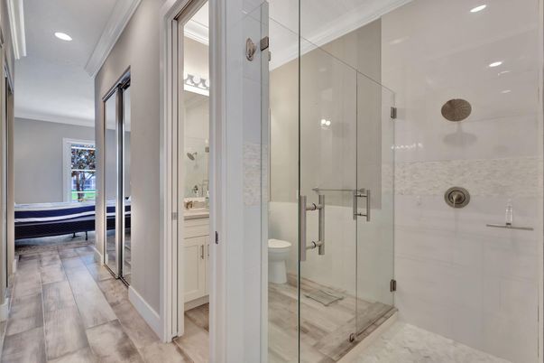 Bathroom, Glass Shower, Interior, Recessed Lighting, Wood Texture Flooring
