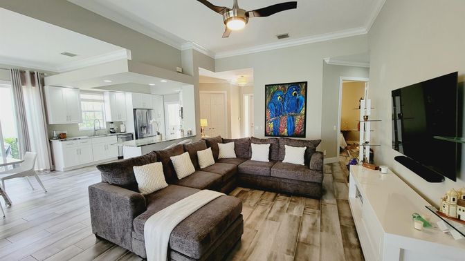 Interior, Kitchen, Living room, Recessed Lighting, Wood Texture Flooring