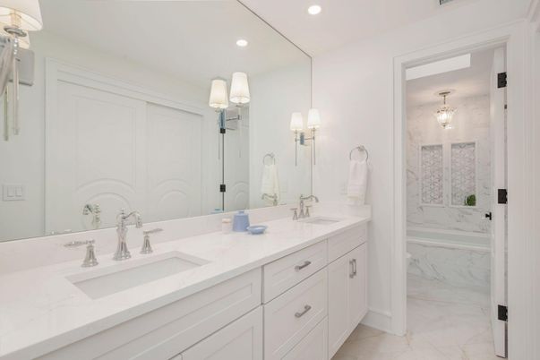 Bathroom, Dual Sink Vanities, Interior, Marble, Recessed Lighting