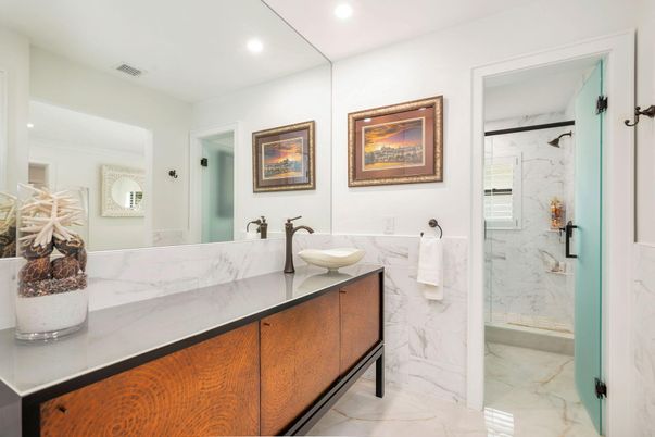 Bathroom, Glass Shower, Interior, Marble, Marble Walls, Recessed Lighting