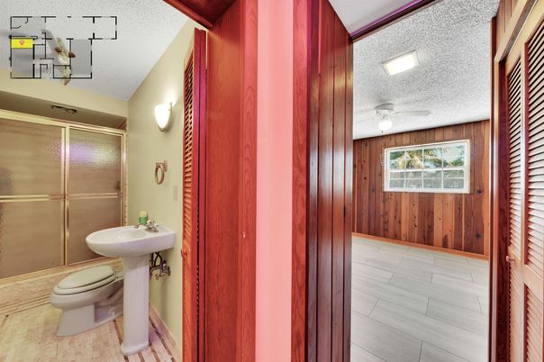 Bathroom, Glass Shower, Interior, Wood Texture Flooring, Wooden Walls