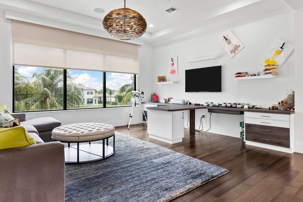 Home Office, Interior, Living room, Pendant Lights, Recessed Lighting, Wood Texture Flooring