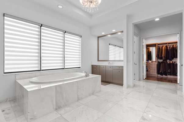 Bathroom, Chandelier, Interior, Marble, Recessed Lighting, Wood Texture Flooring