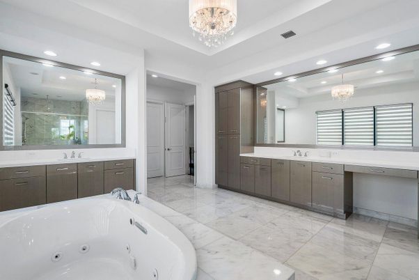 Bathroom, Chandelier, Dual Sink Vanities, Interior, Marble, Recessed Lighting