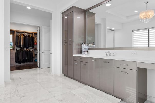 Bathroom, Dual Sink Vanities, Interior, Marble, Recessed Lighting, Walk-in Closets, Wood Texture Flooring