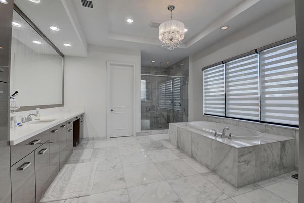 Bathroom, Chandelier, Glass Shower, Interior, Marble, Recessed Lighting