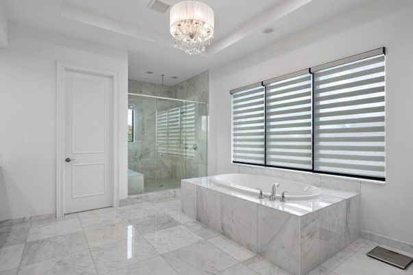 Bathroom, Chandelier, Glass Shower, Interior, Marble, Marble Walls, Recessed Lighting