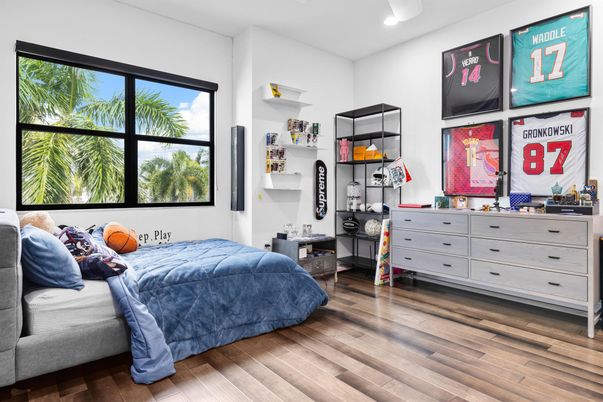 Bedroom, Interior, Recessed Lighting, Wood Texture Flooring