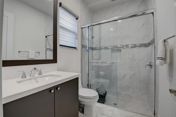 Bathroom, Glass Shower, Interior, Marble, Marble Walls, Recessed Lighting