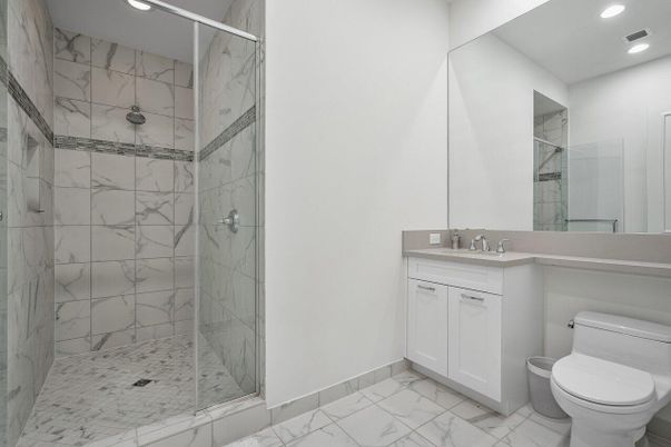 Bathroom, Glass Shower, Interior, Marble, Marble Walls, Recessed Lighting