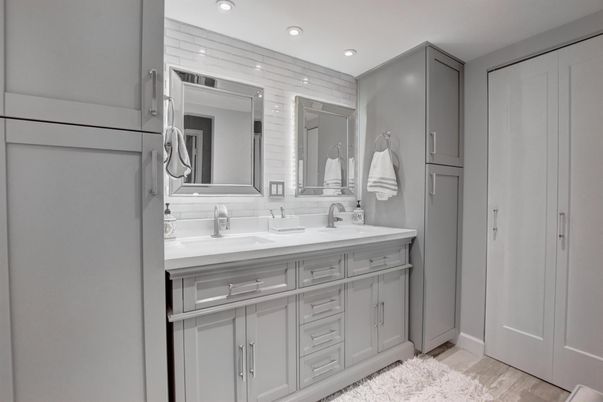 Bathroom, Dual Sink Vanities, Interior, Recessed Lighting, Wood Texture Flooring