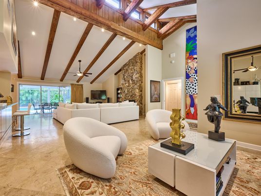 Dining room, Fireplace, Interior, Living room, Recessed Lighting, Stone Walls, Wooden Beams
