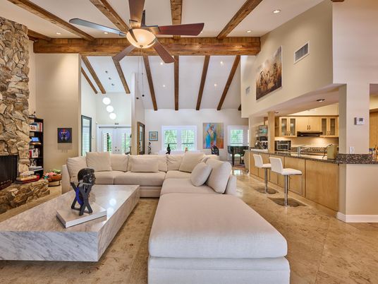 Fireplace, Interior, Kitchen, Living room, Recessed Lighting, Stone Walls, Wooden Beams