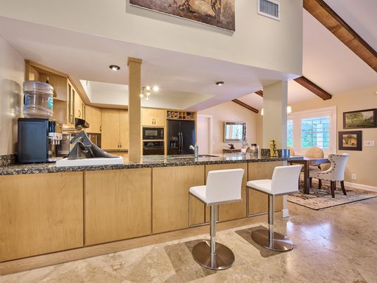 Dining room, Interior, Kitchen, Recessed Lighting, Stainless Steel Appliances, Wooden Beams