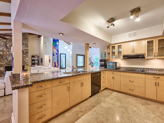 Interior, Kitchen, Recessed Lighting, Stone Walls