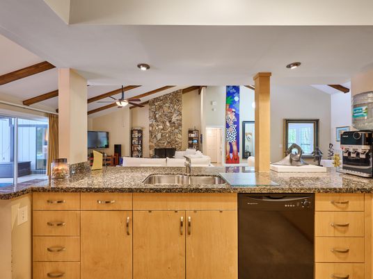 Fireplace, Interior, Kitchen, Recessed Lighting, Stone Walls, Wooden Beams