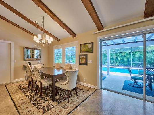 Chandelier, Dining room, Interior, Wooden Beams
