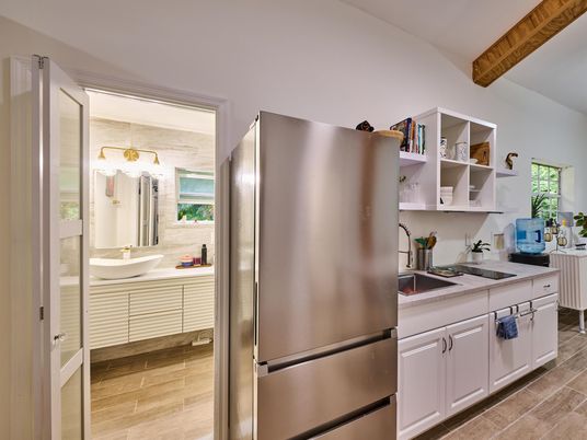 Interior, Kitchen, Stainless Steel Appliances, Wooden Beams, Wood Texture Flooring