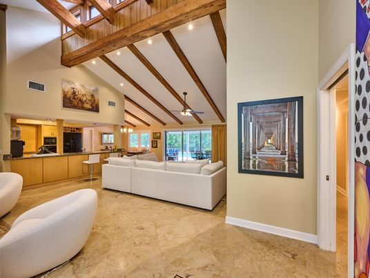 Dining room, Interior, Living room, Recessed Lighting, Wooden Beams