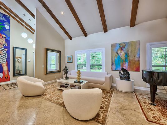 Interior, Living room, Pendant Lights, Piano, Recessed Lighting, Wooden Beams