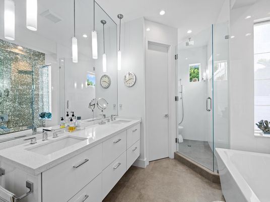 Bathroom, Dual Sink Vanities, Glass Shower, Interior, Pendant Lights, Recessed Lighting