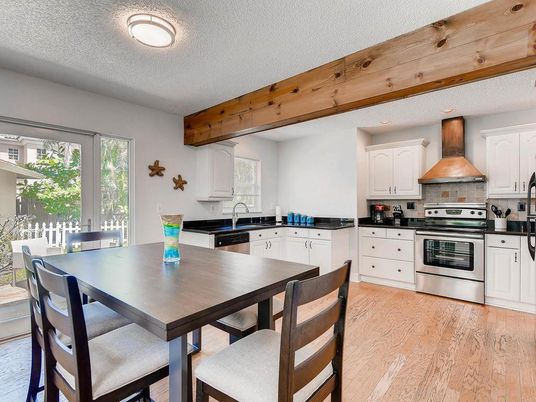 Dining room, Interior, Kitchen, Recessed Lighting, Stainless Steel Appliances, Wood Texture Flooring