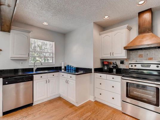Interior, Kitchen, Recessed Lighting, Stainless Steel Appliances, Wood Texture Flooring