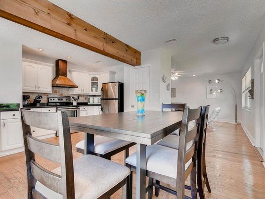 Dining room, Interior, Kitchen, Recessed Lighting, Stainless Steel Appliances, Wooden Beams, Wood Texture Flooring