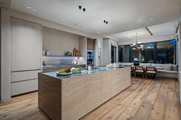 Dining room, Interior, Kitchen, Living room, Pendant Lights, Recessed Lighting, Stainless Steel Appliances, Wood Texture Flooring