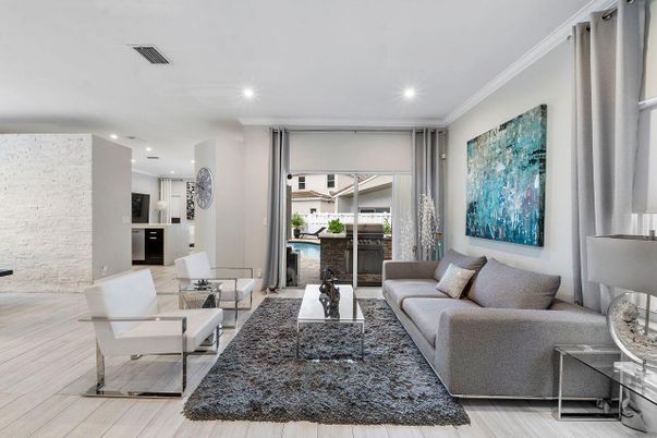 Interior, Kitchen, Living room, Recessed Lighting, Stainless Steel Appliances, Stone Walls, Wood Texture Flooring