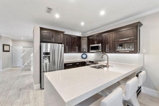 Interior, Kitchen, Recessed Lighting, Stainless Steel Appliances, Wood Texture Flooring