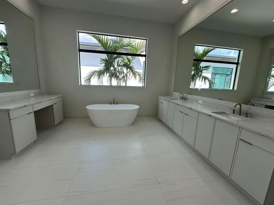 Bathroom, Dual Sink Vanities, Free Standing Baths, Interior, Marble, Recessed Lighting