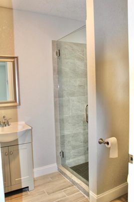 Bathroom, Glass Shower, Interior, Wood Texture Flooring