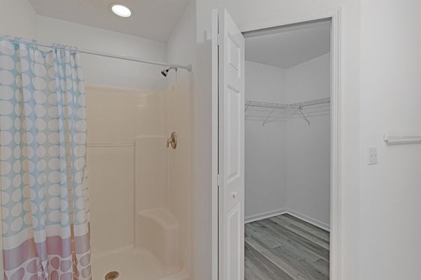 Bathroom, Interior, Recessed Lighting, Walk-in Closets, Wood Texture Flooring