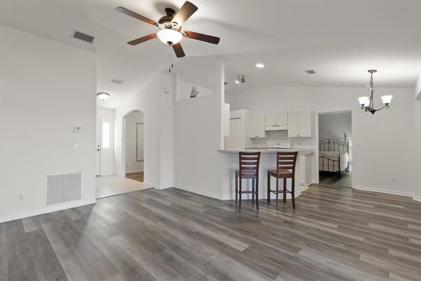 Chandelier, Interior, Kitchen, Recessed Lighting, Wood Texture Flooring