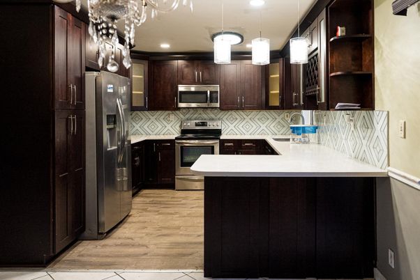 Interior, Kitchen, Pendant Lights, Recessed Lighting, Stainless Steel Appliances, Wood Texture Flooring