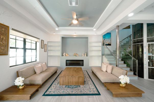 Fireplace, Interior, Living room, Recessed Lighting, Wood Texture Flooring