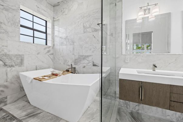 Bathroom, Free Standing Baths, Glass Shower, Interior, Marble, Marble Walls