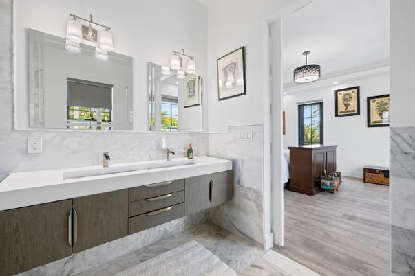 Bathroom, Dual Sink Vanities, Interior, Marble, Marble Walls, Wood Texture Flooring