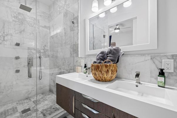 Bathroom, Glass Shower, Interior, Marble Walls