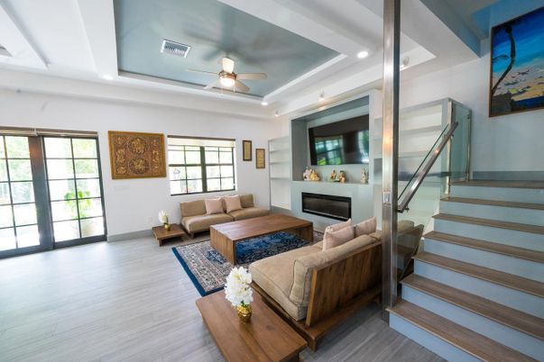 Fireplace, Interior, Living room, Recessed Lighting, Wood Texture Flooring
