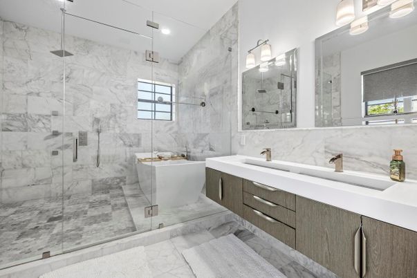 Bathroom, Dual Sink Vanities, Free Standing Baths, Glass Shower, Interior, Marble, Marble Walls, Recessed Lighting