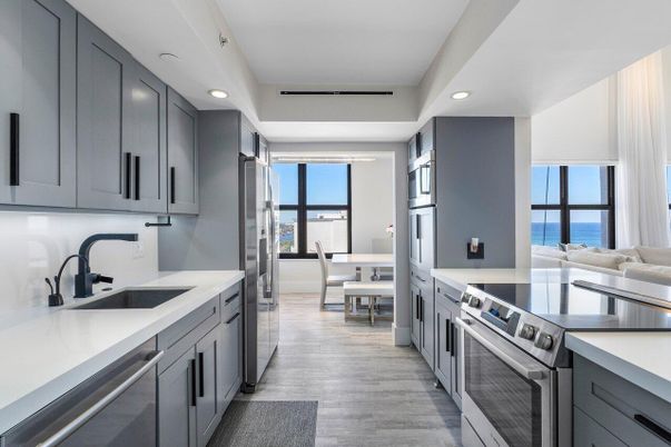 Dining room, Interior, Kitchen, Recessed Lighting, Stainless Steel Appliances, Water, Wood Texture Flooring