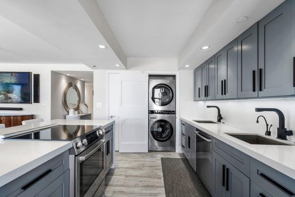 Interior, Kitchen, Recessed Lighting, Stainless Steel Appliances, Washer, Wood Texture Flooring
