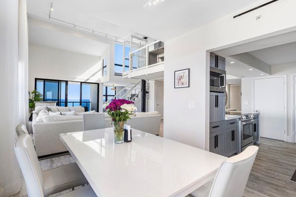 Dining room, Interior, Kitchen, Living room, Recessed Lighting, Stainless Steel Appliances, Wood Texture Flooring