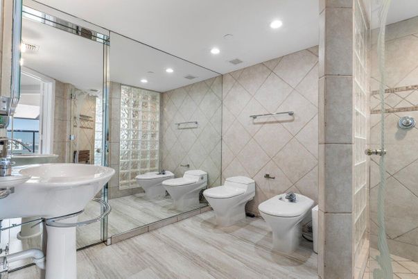 Bathroom, Glass Shower, Interior, Recessed Lighting, Wood Texture Flooring